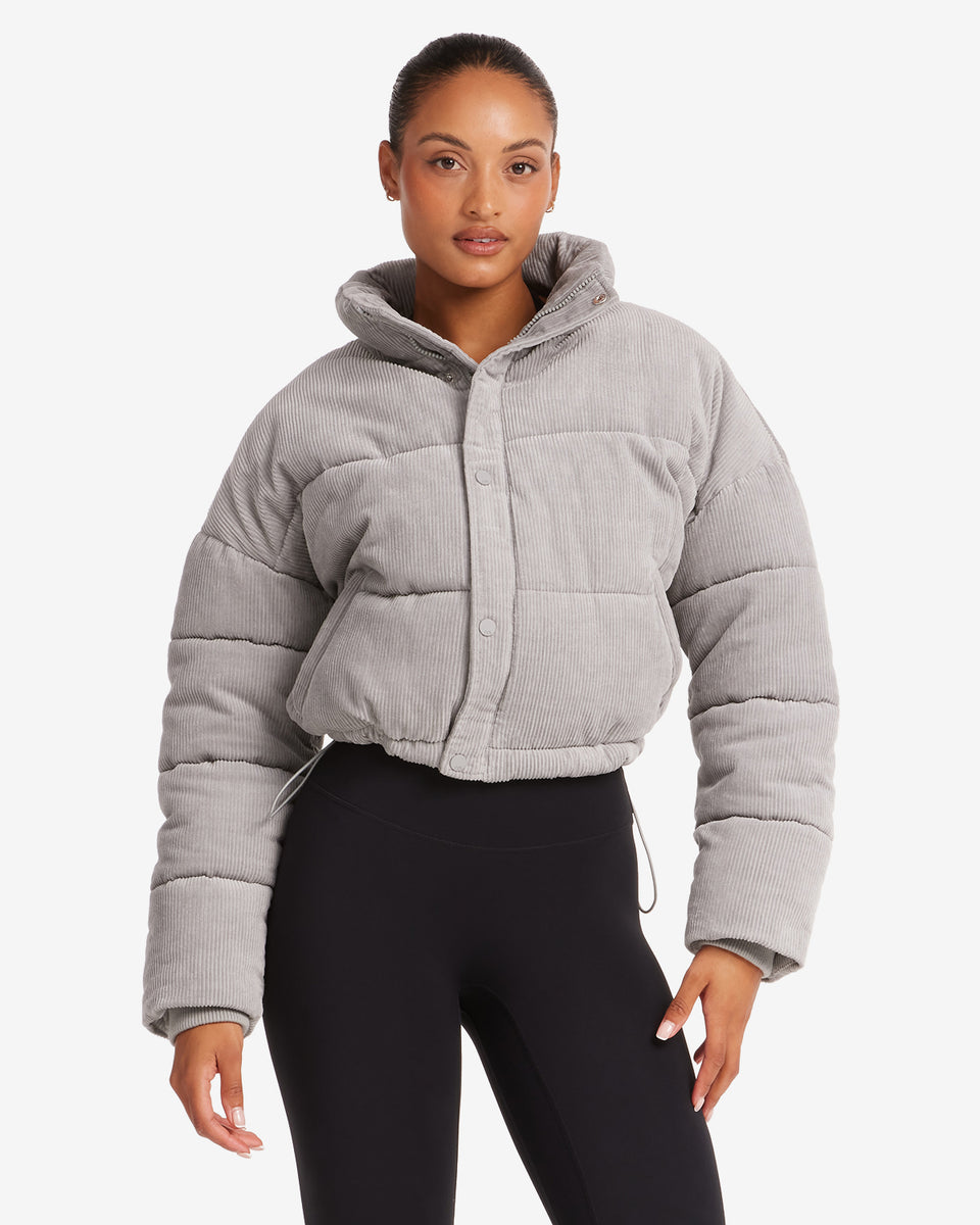 Grey cord puffer jacket best sale