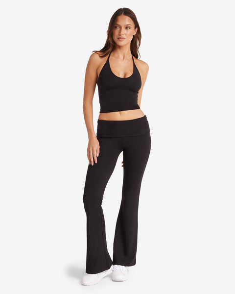 Black High Waisted Ruched Bum Jersey Flared Trousers