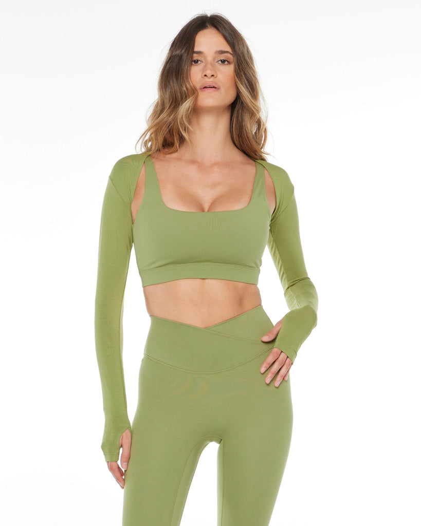 Stradivarius Seamless Olive Green Cropped Long Sleeve Top